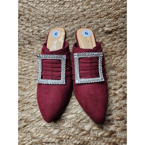 Anne Michelle Womens Slip On Mule High Heel Size 9 Rhinstone Buckle Burgundy Red - Picture 2 of 12